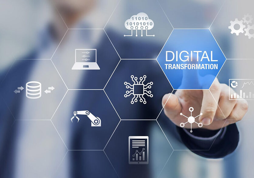 businessmen touching digital transformation new technologies