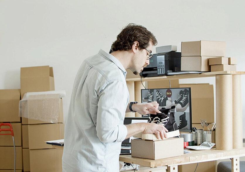 seller packaging his product using laptop